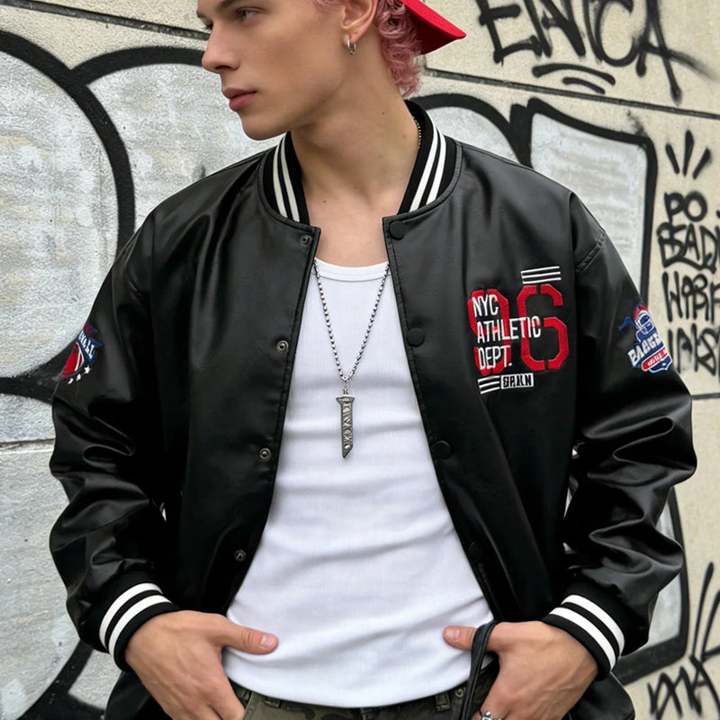 Men's Faux Leather Jackets Varsity Embroidered Baseball Coat Casual Daily Motorcycle Windbreaker Outerwear New in Jacket