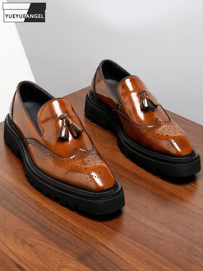 British Style Genuine Leather Platform Square Toe Carving | SAMAG