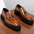 British Style Genuine Leather Platform Square Toe Carving Slip On Dress Shoes Handmade Cowhide Tassels Solid Color Men Loafer