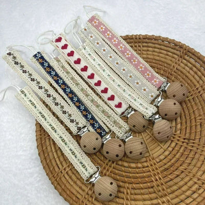 Wooden Baby Pacifier Chain Cute Flower Print Dummy Nipple | SAMAG