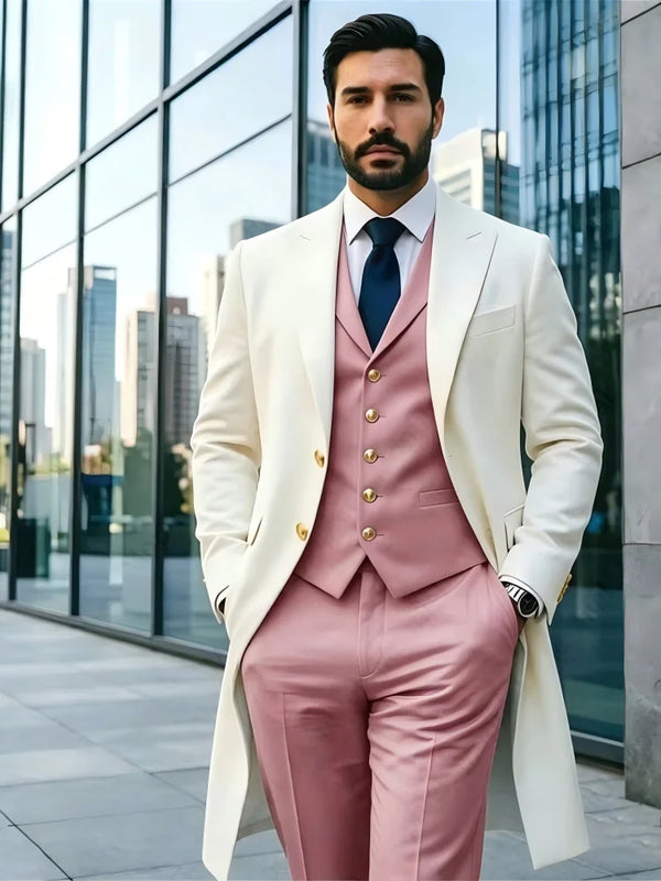Ivory Long Blazer Men's Suits Single Breasted Wedding | SAMAG