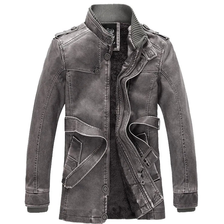 Men Fashion Warm Casual Vintage Faux Leather Jacket Coat Men Winter Brand New Long Thick Fleece Windproof Warm Leather Jacket