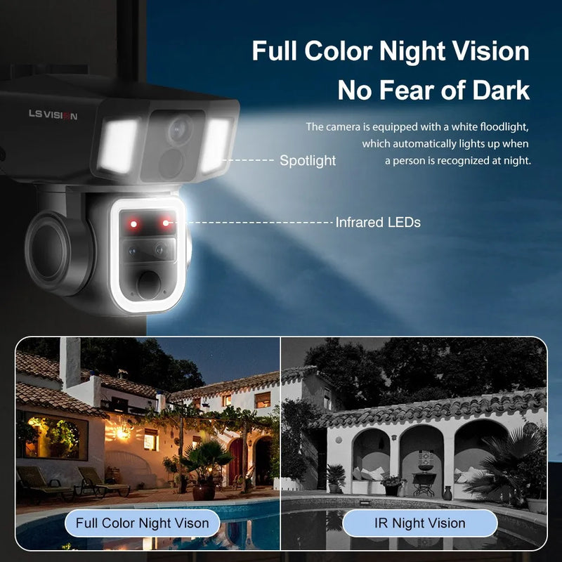 LS VISION  4G & wifi In 1 Solar Camera Outdoor 12MP 6K 10X Zoom Dual Screen PIR Detection Auto Tracking CCTV Survalance Cameras