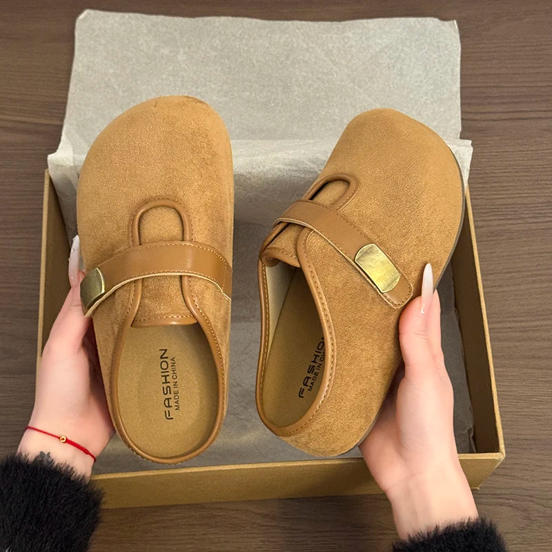 Women Lady Suede Flat Clogs Mules Slides with Gold Buckle Closed Toe Slip on Shoes Casual Fashion Footwear Slippers Shoes Woman
