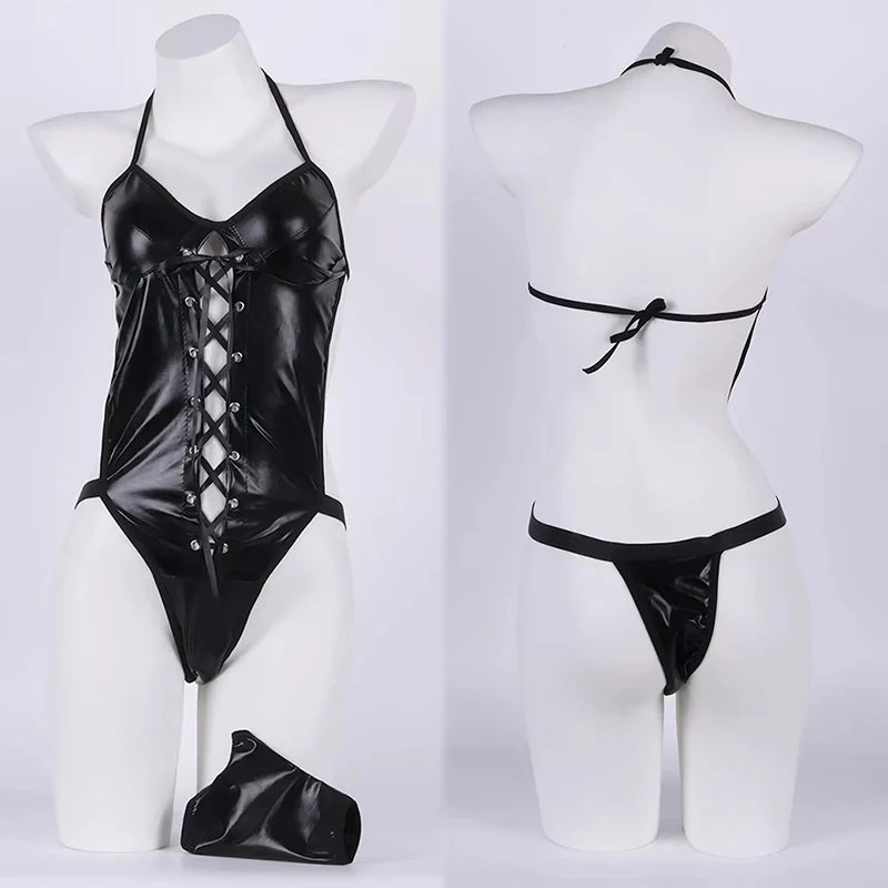 Lingerie Set Latex Leather V Neck Backless Hollow Plus Size For Women Night Wear Bra Corset Baby Doll Dress Underwear Costumes