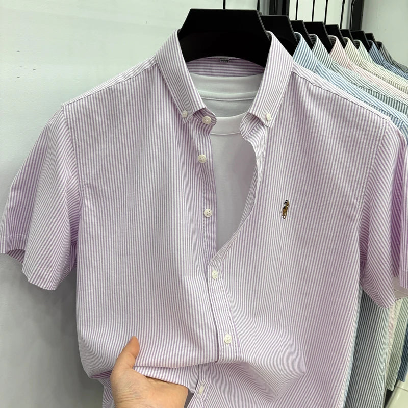 High End Brand Embroidered Striped Shirt Men's Short | SAMAG