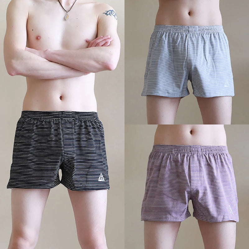 3PCS 100% Cotton Striped Pajama Pants Men's Summer Panties Breathable Big U-crotch Boxers Plus Size Loose High Elastic Underwear
