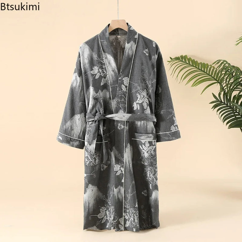 2026Couple's Printed Cotton Loose Fitting Bathrobe Japanese Style Tie Up Kimono Bathrobe Sweat Steaming Cotton Pajamas Robes Men