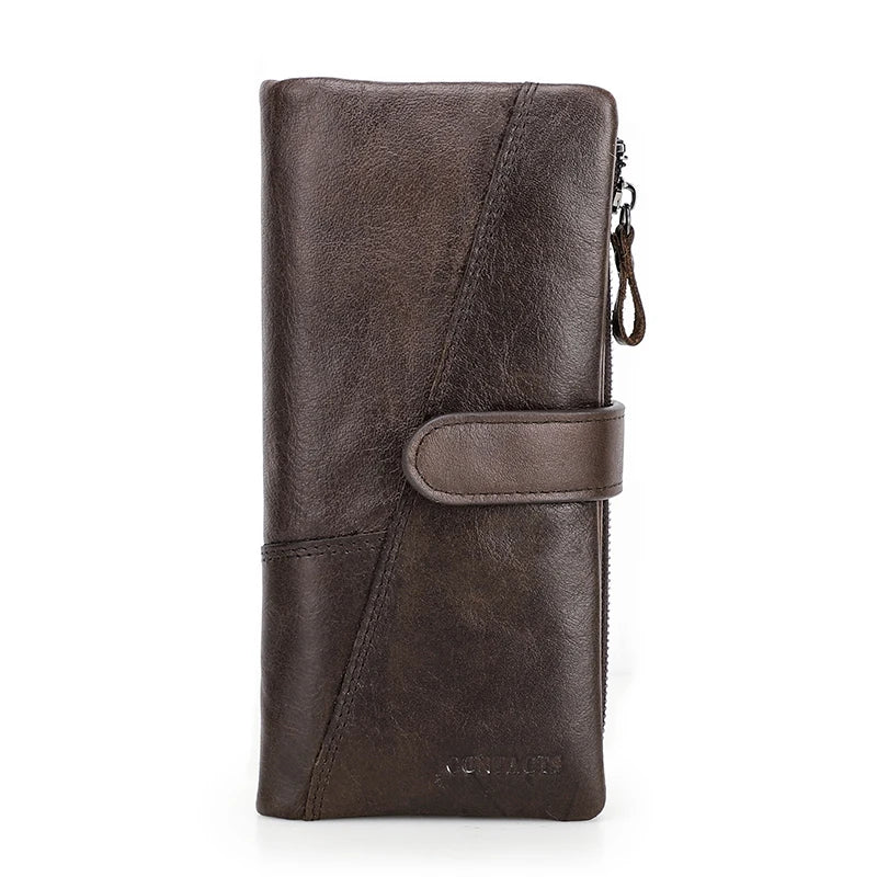 CONTACT'S Genuine Crazy Horse Cowhide Leather Men Wallets  Fashion Purse With Card Holder Vintage Long Wallet Clutch Wrist Bag