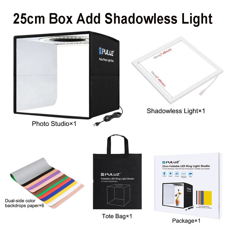 PULUZ Lightbox 80 60 50 40 30cm Photo LED Light Studio Kits 6 12 Color Backgrounds Tabletop Photography Soft Shooting Tent Box