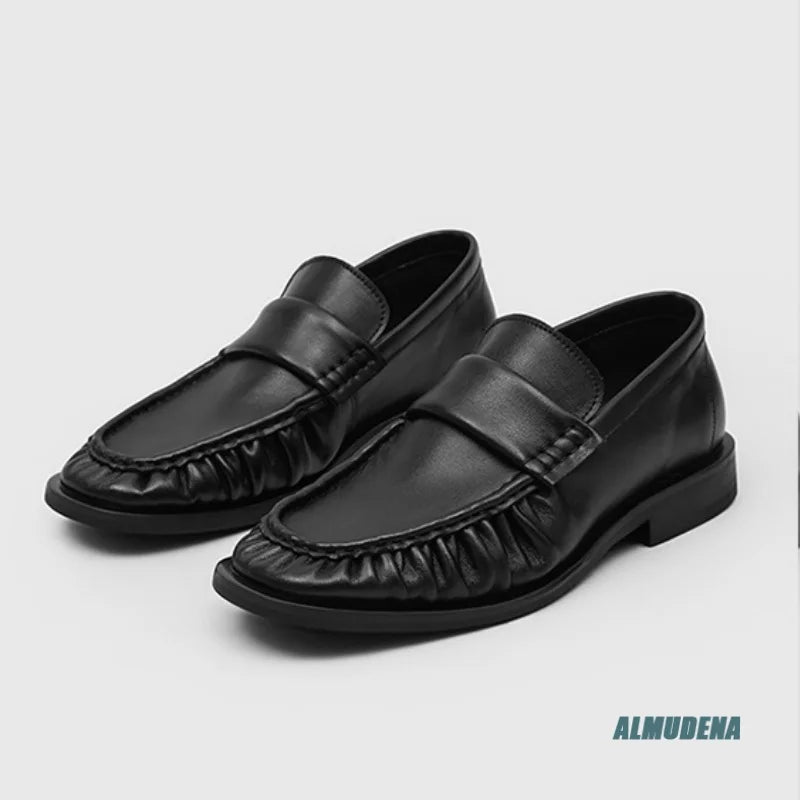 Square Toe Men's Black Genuine Leather Casual Loafers Slip-On Low Heel Streetwear Urban Outdoor Minimalist Fashion Work Shoes