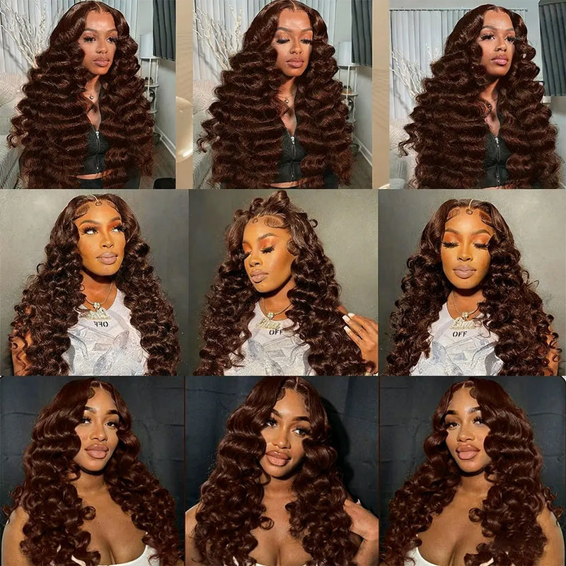 Deep Wave Chocolate Brown 13x4 Transparent Lace Frontal Wigs Human Hair 34 Inch  250% Density Loose Deep Curly Brown Colored Wig