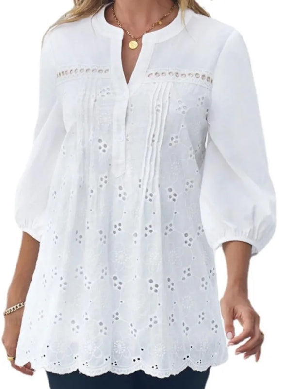 Women's Fashion Shirt Top White Lace Hollow Out V - Neck - View 6 | SAMAG