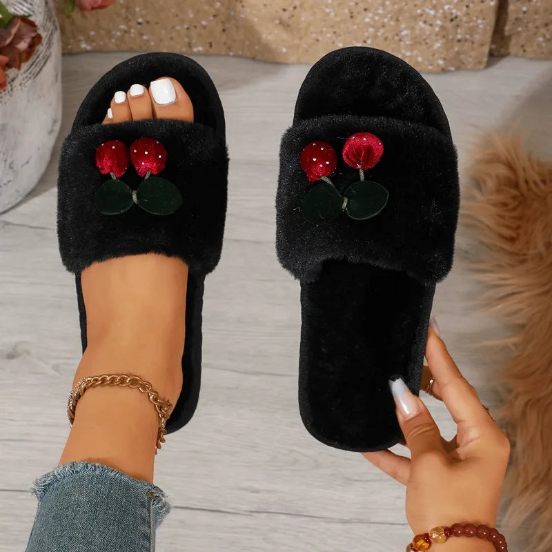Fashion Trend Cherry Rhinestone Decor Casual Cotton Slippers for Women 2026 Winter New Round Toe Casual Plush Warm Women's Shoes