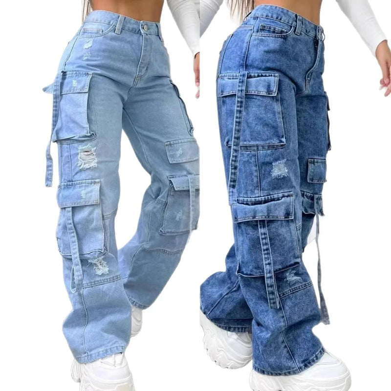 New 2026 Fashion Pure Color Casual Workwear Denim High Waist Multi Pocket Loose Fit Women's Jeans Versatile plus Size