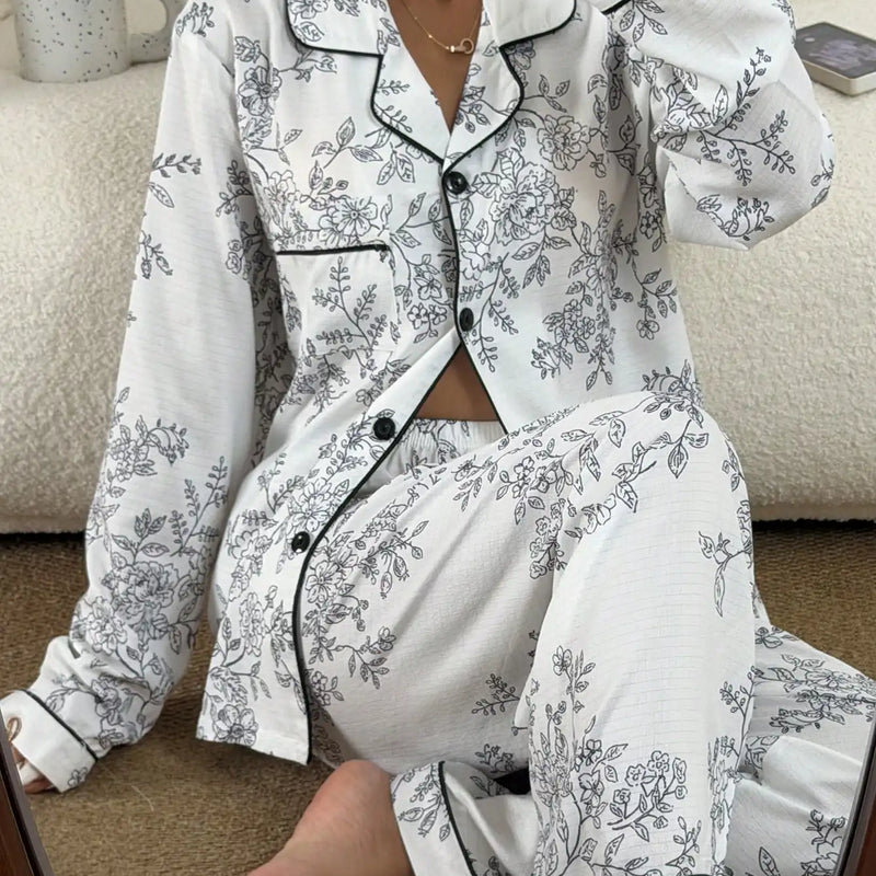 Women's Bubble Crinkle Floral Print Long Sleeve Pajama Set Silk 2 Pieces Set Pajamas for Women