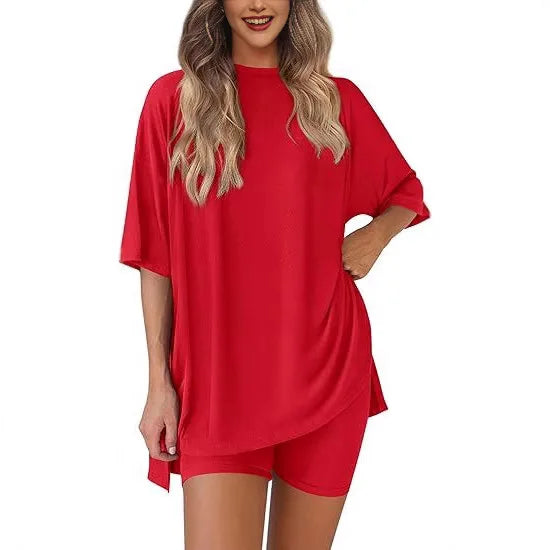 2026women's New Fashion Trend Basic High-quality Casual Round Neck Slit Loose Casual and Comfortable Women's Two-piece Home Suit