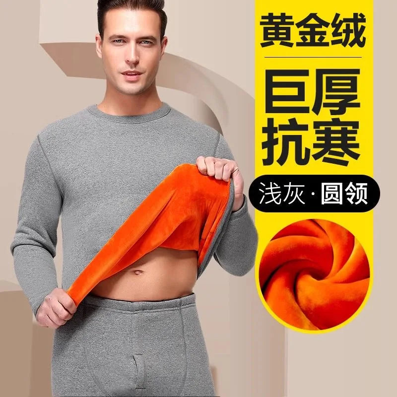 Thickened Fleece Warm Underwear Set Men's Pure Cotton Half High Collar Cotton Sweater Middle Aged Gold Velvet Autumn Clothes