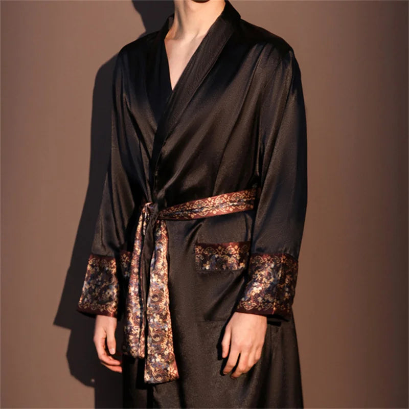 High Quality Men's Robe Pajamas Ice Silk Homewear Spring Summer New Long Sleeve Bathrobe Loungewear Loose Lingerie Sleepwear