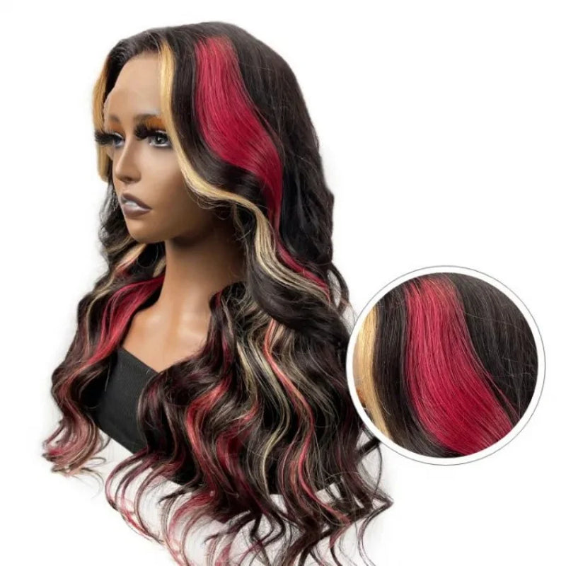 Red Black With Blonde Highlight 13X6 Lace Front Wig Body Wave Synthetic Glueless pre plucked With Baby Hair Lace Frontal Hair
