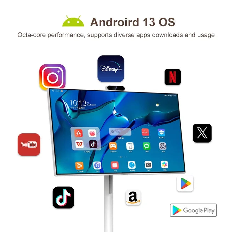 21.5/23.8/27/32 Inch Touch Screen Portable Lcd Smart Tv on Wheels Rechargeable Resolution 1920*1080 128Gb Mobile Tv Stand by Me