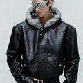 American Style Men's Padded Jackets PU Leather Faux Fur Fleece Thickened Solid Color Loose Male Hooded Warm Coats Tide