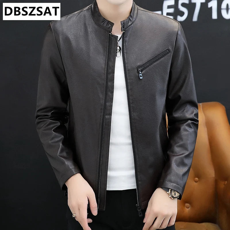 New Winter Faux Fur Collar Windproof Warm Coat Luxury Clothing Brand Chaqueta Cuero Hombre Vintage Brown Leather Jacket Men's