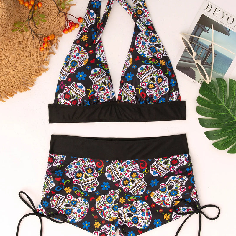 Square Neck Modest Bikini Set With Skull Print | SAMAG