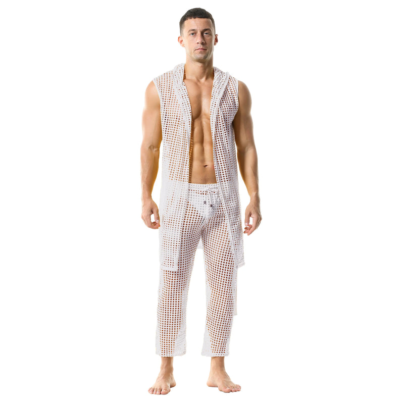 Men's Fishnet Hollow Out Robes Classic Lounge Pants Sexy Sleepwear Mens Robe Sets Daily Home Sleeveless Bathrobes Hooded Pajamas
