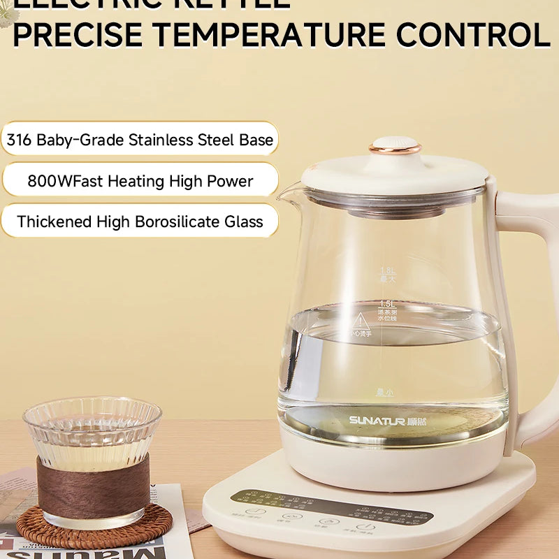 SUNATUR Kettles Electric Glass 220V Multifunction Health Pot Milk Fruit Tea Coffee Water 800W 24-hour Heat Preservation