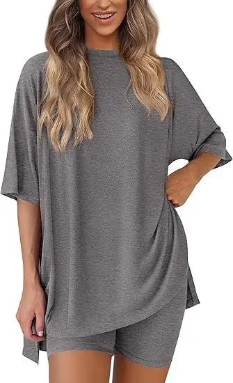 2026women's New Fashion Trend Basic High-quality Casual Round Neck Slit Loose Casual and Comfortable Women's Two-piece Home Suit