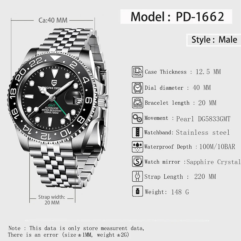 Top PAGANI DESIGN PD1662 Men GMT Automatic Mechanical Watch Black Ceramic Bezel Sapphire Glass 100M Waterproof Jubilee Stainless Steel Bracelet Sports Diver Wristwatch Reloj Hombre+gift box