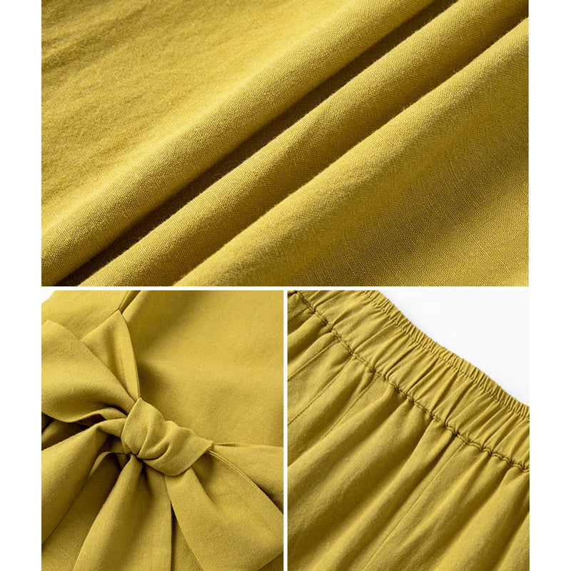 VIMLY Women's Yellow Two-piece Set 2026 Summer Round Neck Side Bow Tie Sleeveless Top Casual Fashion Wide Leg Long Pants A2370