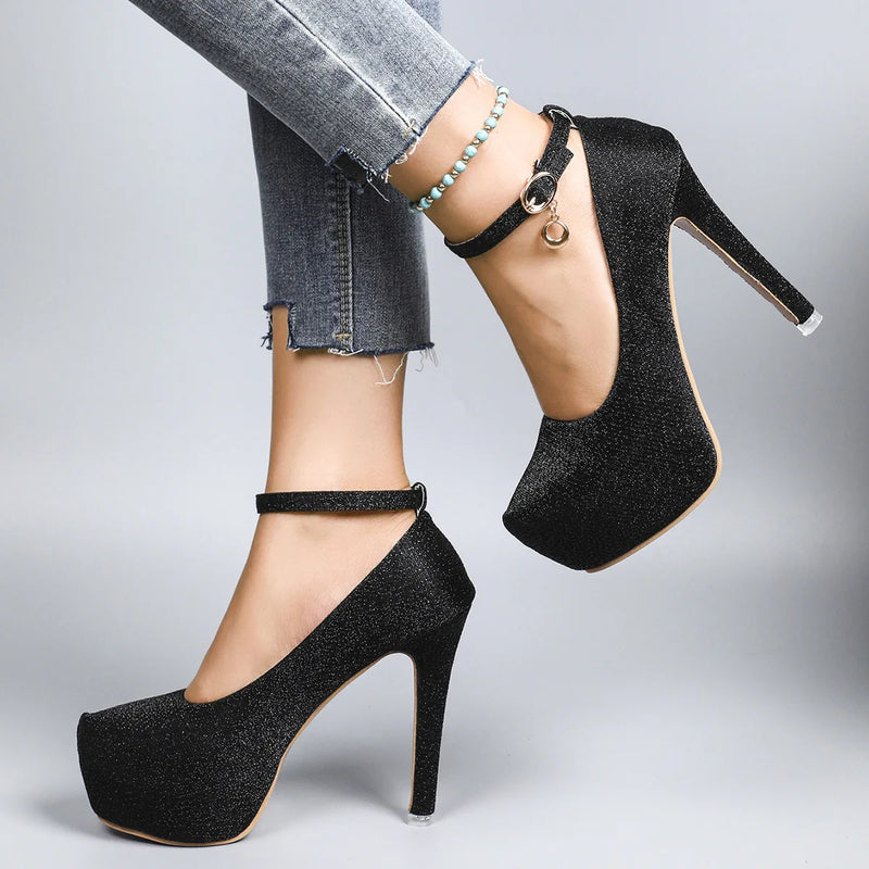 Women's High Heels 2025 New Style Semi-Uppered Thin Heel Waterproof Platform Buckle Fashion Shoes Large Size Strap Shoes