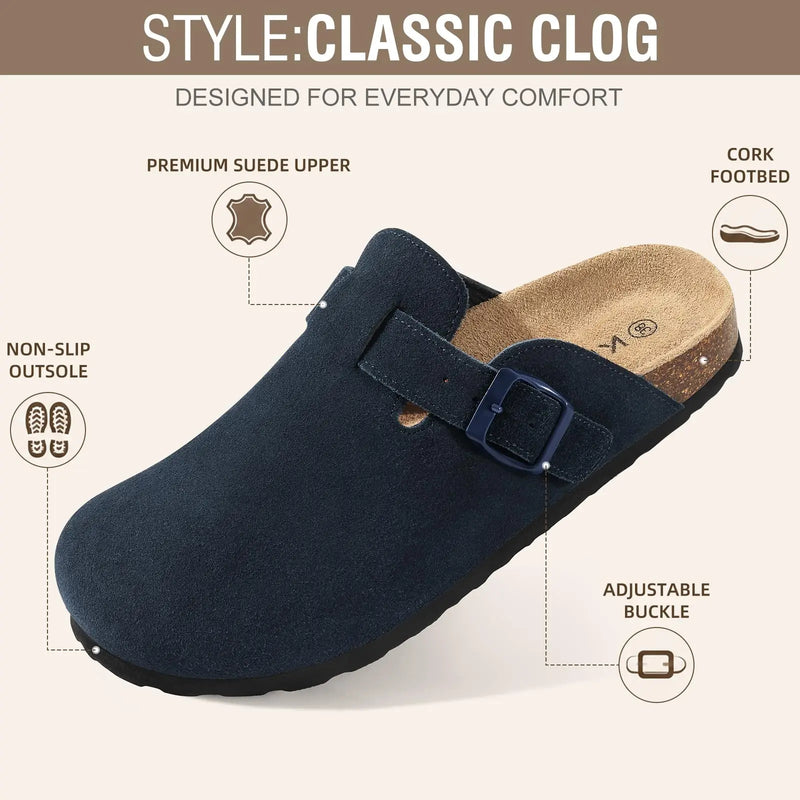 Comwarm Arch Support Unisex Clogs Slippers With Adjustable Metal Buckle Vegan Suede Mules Anti-slip Cork Footbed Potato Shoes