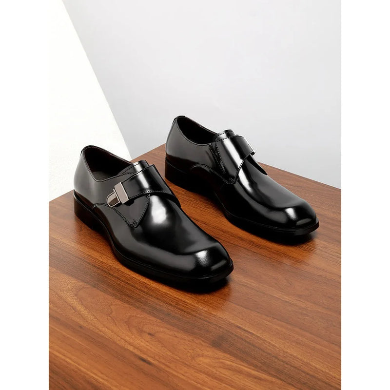 2026 Brown Arrival British Style Genuine Leather Men's Dress Shoes Buckle Square Toe Shiny Wedding Shoes Fashion