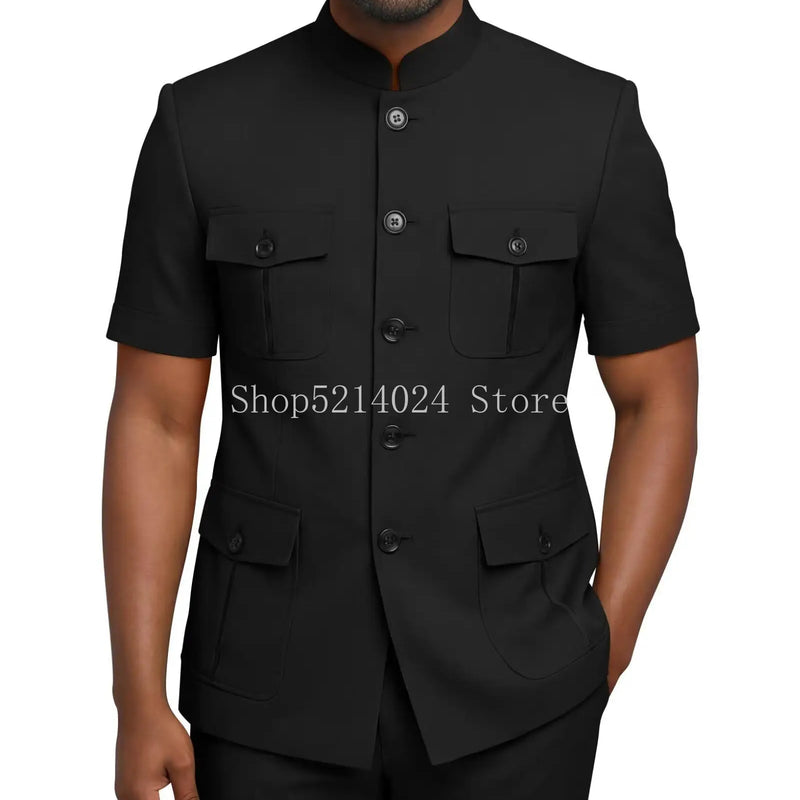 Mens Safari Suit 2 Piece Short Sleeve Suits for Men Regular Fit Stand Collar Suit African Clothes