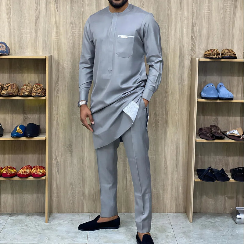 African Traditional Dress Men's Suit Long Sleeve Ethnic Style Printed Patchwork Shirt Casual Pants 2 Piece - View 8 | SAMAG