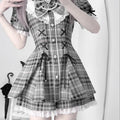 College-Style Retro Gray Plaid Shirt Dress for Women, Summer Sweet Little Girl's Bow Lace Waist-Cinching Short Dress