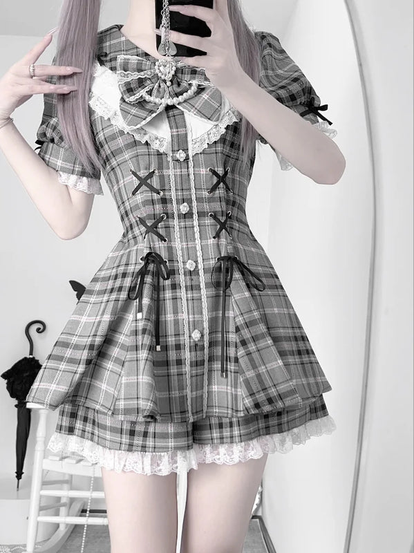 College-Style Retro Gray Plaid Shirt Dress for Women, Summer Sweet Little Girl's Bow Lace Waist-Cinching Short Dress