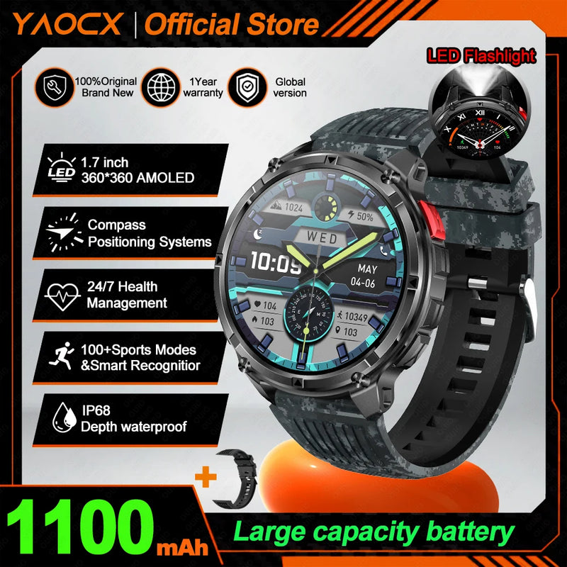 NEW 1100mAh Battery Sports Smart Watch Compass IP68 Waterproof Outdoor Flashlight Voice Assistant Heart Rate BT Call Smart Watch