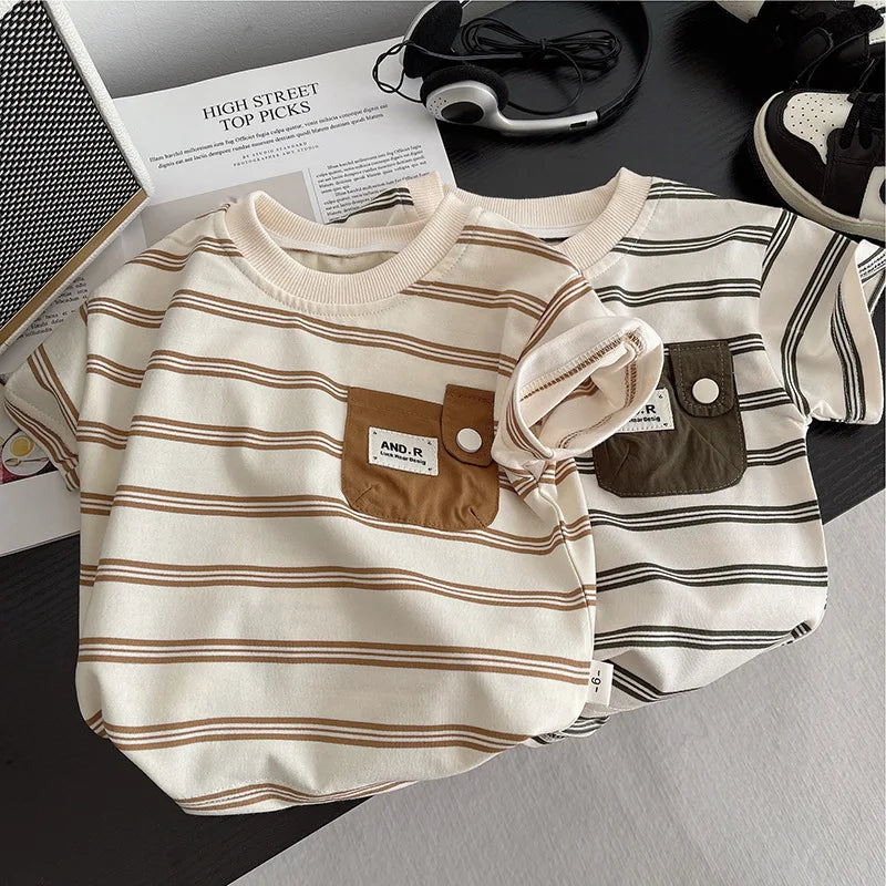 Children's Short Sleeved Round Neck Striped T-Shirt | SAMAG