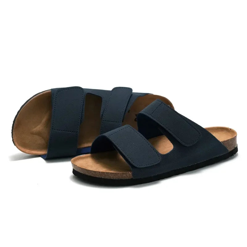 Classic Men Leather Cork Sandals Slippers Luxury Brand Design Buckle Strap Flat Sandals Slippers Shoes