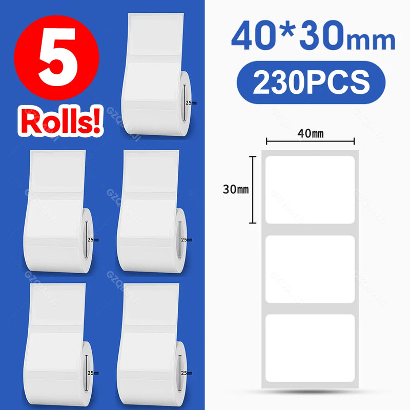5 Rolls 30-50mm Thermal Label Paper Rolls White Color Waterproof for Niimbot B1 B21 B203 B3S Label Printer Barcode Name Printing