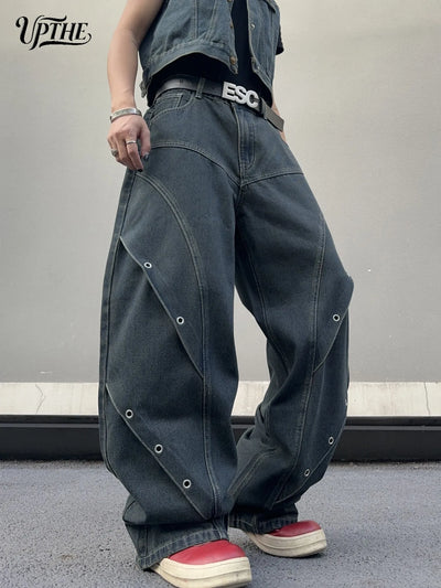 UP.THE Men Dark Raw Denim Baggy Wide Leg Jeans, Y2K | SAMAG