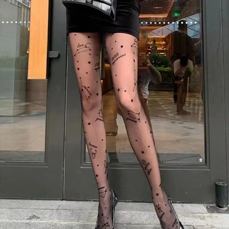 Star Print Black Women Tights Mesh Sexy Transparent Pantyhose Female Summer Stretch Nylon Hosiery Stockings Nightclub Hosiery