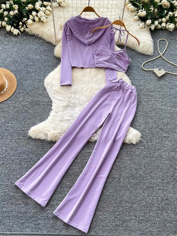 SINGREINY Ladies Fashion Sporty Suits Simple Hooded Cardigan+Halter Lingerie Top+Long Pants Korean Simple Slim Casual 3Pcs Sets