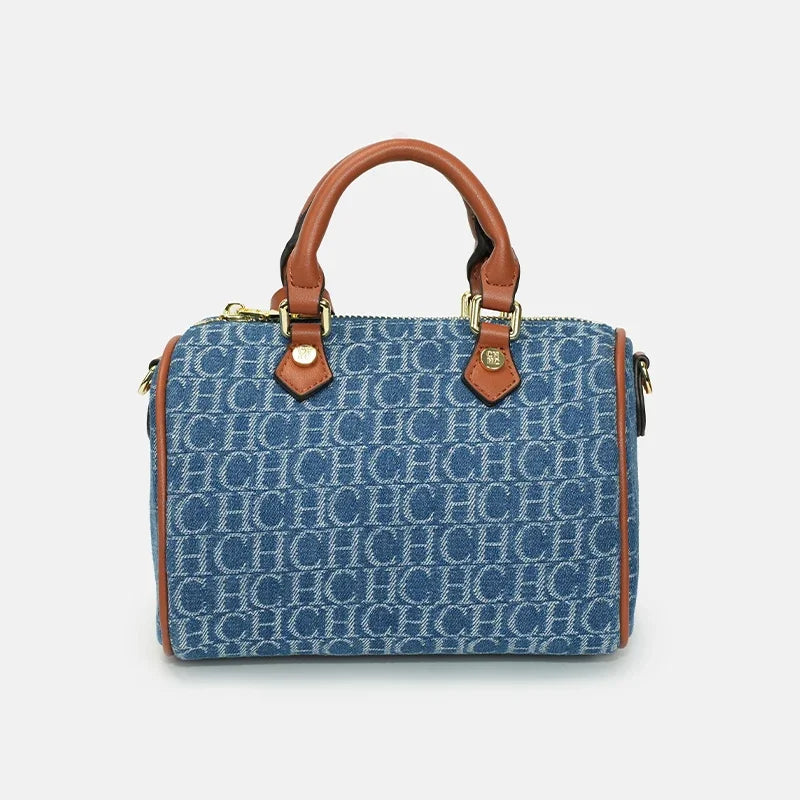 CH Womens Denim Monogram Boston Bag Leather Trim Lock Detail Crossbody Handbag Fashion Top Handle Bag