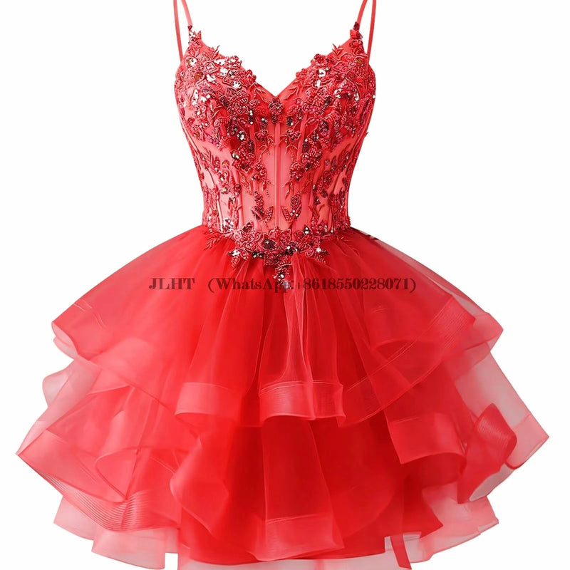 Customized Tiered Tulle A Line Homecoming Dress For Teens Sparkly Lace Applique Beaded Short Prom Dress Mini Cocktail Party Gown