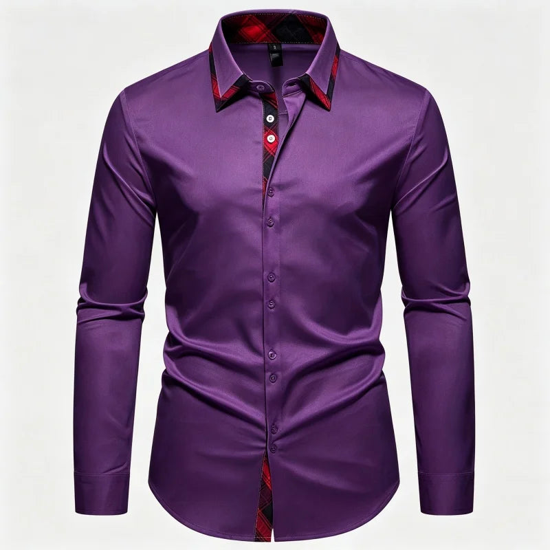 Men's Slim Fit Dress Shirt Plaid Patchwork Collar Long | SAMAG